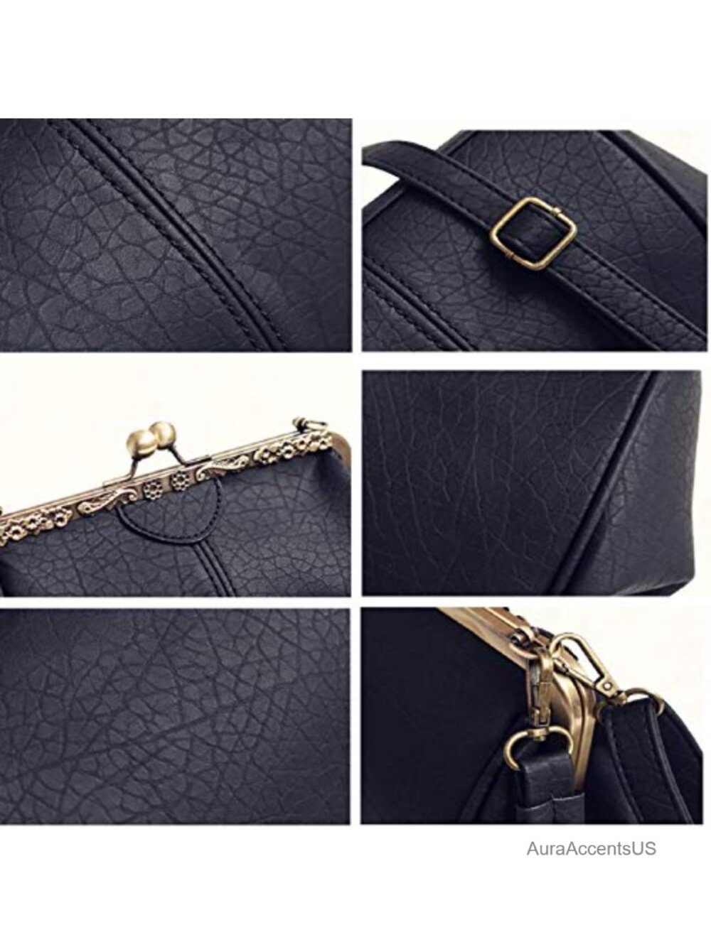 Vintage PU Leather Kiss Lock Crossbody Bag with Detachable Straps - Picture 3 of 6